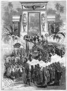 Akt II utworu, Aida. Wielka opera w czterech aktach i siedmiu obrazach Giuseppe Verdiego (1813-1901) wystawiana jest we włoskim teatrze w Paryżu. Grawer w „”L