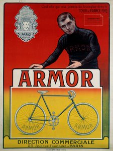 Plakat reklamowy roweru „Zbroja” z kolarzem Eugene Christophe (1885-1970), zwycięzcą 3 etapów i II klasyfikacji generalnej Tour de France z 1912 roku: „To ona pozwoliła mi triumfować w Tour de France 1912, sd XX wiek autorstwa Anonymous Anonymous