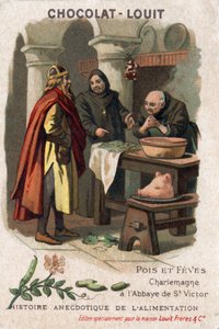 Anegdotyczna historia jedzenia: groszek i fety. Karol Wielki (Karol I, znany jako Karol Wielki, 742-814) prosi o przepis od mnichów z opactwa św. Wiktora, którzy przygotowali groszek w niezwykły sposób. Chromolitografia Chocolate-Louit, koniec XIX w. autorstwa Anonymous Anonymous