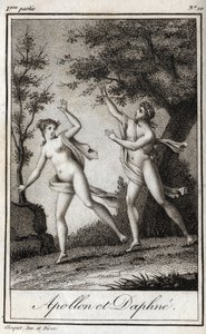 Apollo i Daphne. Nimfa Daphne zamienia się w wawrzyn, aby uciec Apollo. Rycina z 1819 r. w „Lettres a Emilie sur la mitologie” Charlesa Alberta Demoustiera (1760-1801). Prywatna kolekcja. autorstwa Anonymous Anonymous