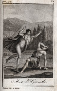 Apollo i Hyacinthos (Śmierć Hiacynta) Rycina z 1819 r. w „Lettres a Emilie sur la mitologie” Charlesa Alberta Demoustiera (1760-1801). Prywatna kolekcja. autorstwa Anonymous Anonymous