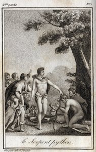 Apollo i wąż Python na górze Parnas. Rycina z 1819 r. w „Lettres a Emilie sur la mitologie” Charlesa Alberta Demoustiera (1760-1801). Prywatna kolekcja. autorstwa Anonymous Anonymous