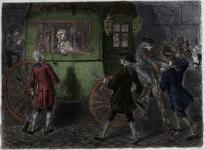 Aresztowanie Ludwika XVI (1754-1793) i jego uciekającej rodziny w Varennes 21 czerwca 1791 r. Rycina z 1866 r. w „Histoire de la Revolution francaise” Adolphe Thiersa. . autorstwa Anonymous Anonymous