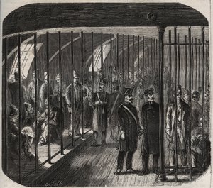 Przybycie wojsk na pokład podczas konwoju z Tulonu do Kajeny (Gujana) na mocy dekretu z dnia 8 grudnia 1851 r. Grawer „Historia więzień od ich powstania do dnia dzisiejszego” (1877) autorstwa Pierre Zaccone (1817- 1895) (Colonia Penale - kara karna) autorstwa Anonymous Anonymous