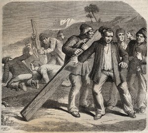 Próba ucieczki w forcie Belle-Ile-en-Mer (piękna wyspa na morzu) w XIX wieku. Grawer „Historia skazanych od ich powstania do dnia dzisiejszego” (1877) autorstwa Pierre