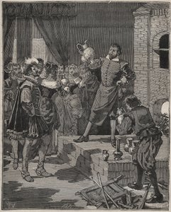 Bernard Palissy (1510-1589), triumfujący francuski ceramik, wyjmuje z pieca swoje pierwsze kawałki emalii. Grawer z 1880 roku w „Les arts et metiers illustres” Adolphe BITARD. autorstwa Anonymous Anonymous