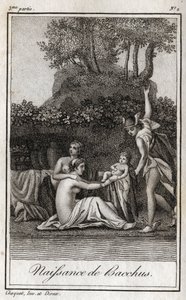 Narodziny Bachusa, syna Jowisza i Semele. Rycina z 1819 r. w „Lettres a Emilie sur la mitologie” Charlesa Alberta Demoustiera (1760-1801). Prywatna kolekcja. autorstwa Anonymous Anonymous