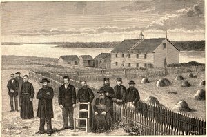 Biskup Isidore Clut (1832-1903), RP Le Corre i inni członkowie Misji Providence w Athabasce Mackenzie (Athabaska-Mackenzie) w Kanadzie pod koniec XIX wieku. Grawer w „Les Missions Catholiques au XIXeme Siecle” Louis-Eugene (Lou autorstwa Anonymous Anonymous