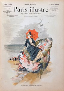 Nad morzem, alegoria autorstwa Haberta Dysa. Elegancka kobieta z parasolką siedząca na gigantycznej muszli pozuje na piasku plaży. Rycina z 1887 r. w tygodniku „Paryż-Prześwietny””. autorstwa Anonymous Anonymous