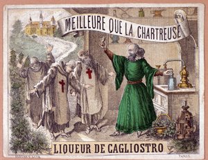 Likier Cagliostro wytwarzany z destylacji aromatycznych ziół przez mnichów. chromolitografia z XIX wieku. autorstwa Anonymous Anonymous