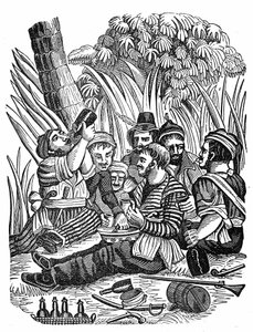 Załoga kapitana Bartholomewa Robertsa odpoczywa w pobliżu rzeki Old Calabar, koniec XVII wieku. Grawer „”Książka własna pirata”” 1837. autorstwa Anonymous Anonymous