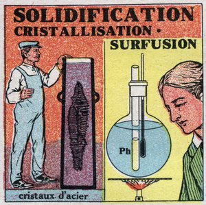 Zmiany stanów: krzepnięcie i krystalizacja. Powstawanie kryształów stali i superfuzja fosforu. Anonimowa ilustracja z 1925 r. Ze zbiorów prywatnych. autorstwa Anonymous Anonymous