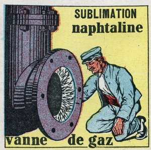 Zmiany stanów: sublimacja. Zapas naftliny zatyka zawór gazowy. Anonimowa ilustracja z 1925 r. Ze zbiorów prywatnych. autorstwa Anonymous Anonymous