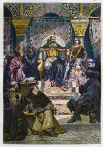 Karol Wielki (742 - 814) na tronie przewodniczący Akademii Pałacowej - Karol Wielki (747-814) król Franków i chrześcijański cesarz Zachodu przewodniczący Szkoły Pałacowej w Akwizgranie (Aachen) - grawer z „” L