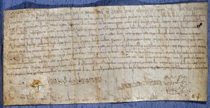 Karta króla Karola Wielkiego (Charles I, Charles the Great lub Carolus Magnus) (742-814) zwalniająca opactwo Saint Denis z opłat myta podczas jarmarku. Koniec VIII wieku. Paryż, Archiwa Narodowe autorstwa Anonymous Anonymous
