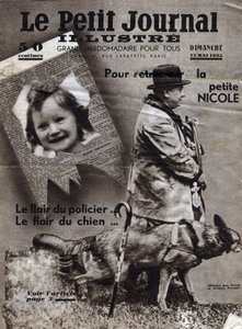Sprawy Chaumonta: psy policyjne szkolą się w poszukiwaniu śladów zaginionych dzieci (tutaj dziewczyna Nicole) i bandytów. Okładka „Le petit journal illustious”” z 12.05.1935 Kolekcja privee autorstwa Anonymous Anonymous