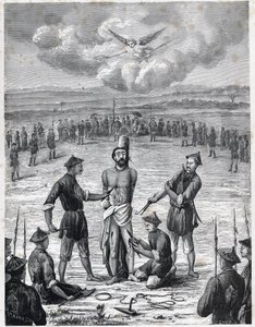Prześladowania chrześcijan: francuski ksiądz misjonarz Joseph Marchand cierpiał „mękę stu ran” w Cochinchina 30 listopada 1835 r. Grawer „Les Missions Catholiques au XIXeme Siecle” Louis-Eugene (Louis Eugene) Louvet. prywatny domek autorstwa Anonymous Anonymous