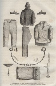 Odzież i żelazka otrzymane przez wojsko przybywające do bagne de Rochefort w XIX wieku (z oryginalnego rysunku Clemansa, forcat du bagne z 1840 r.). Grawer w „Historii skazanych od ich powstania do dnia dzisiejszego” (1877) autorstwa Pierre Zaccone (18 autorstwa Anonymous Anonymous