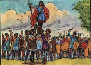 Clovis (król franków od 481 do 511) został wybrany królem przez Salian, którzy nieśli go na przedmurze (tarczę) podczas zwiedzania obozu. Anonimowa ilustracja w „Collection des souverains et chefs d