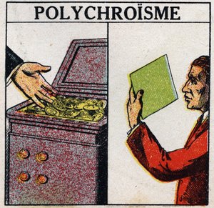 Kolory: polichroizm. Złote monety są żółte, ale cienkowarstwowe złoto ma kolor zielony. Anonimowa ilustracja z 1925 r. Ze zbiorów prywatnych. autorstwa Anonymous Anonymous