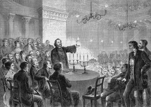 Konferencja reformatora Johannesa (Jeana) Ronge (1813-1887) w Wiedniu w 1868 roku. Założył Powszechny Kościół Chrześcijański. rycina z 1868 r. Kolekcja prywatna. autorstwa Anonymous Anonymous