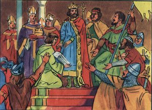 Koronacja Hugues Capet (941-996) w Noyon w 987, dokonana przez Adalberona (ok. 925-990), archeweka Reims. Koronacja ta oznaczała początek dynastii Kapetów, królów Francji, którzy bezpośrednio lub pośrednio odzyskali władzę na 8 lat. Anonimowa ilustracja autorstwa Anonymous Anonymous