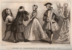 Kostiumy na początku panowania Ludwika XV (1720). Grawer z 1859 roku w „Le Monde”. Historia wszystkich narodów od najdawniejszych czasów do współczesności”. przez ME de Lostalot-Bachoue (Lostalot Bachoue). Prywatna kolekcja. autorstwa Anonymous Anonymous