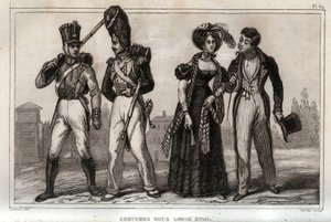 Kostiumy za Ludwika XVIII. Grawer z 1859 roku w „Le Monde”. Historia wszystkich narodów od najdawniejszych czasów do współczesności”. przez ME de Lostalot-Bachoue (Lostalot Bachoue). Prywatna kolekcja. autorstwa Anonymous Anonymous