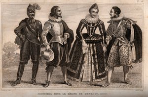 Kostiumy za panowania Henryka IV (1590). Grawer z 1859 roku w „Le Monde”. Historia wszystkich narodów od najdawniejszych czasów do współczesności”. przez ME de Lostalot-Bachoue (Lostalot Bachoue). Prywatna kolekcja. autorstwa Anonymous Anonymous