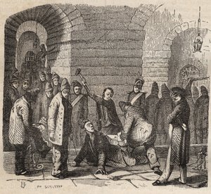 Sprzężenie w bagne Rochefort w XIX wieku. Grawer w „Historii skazanych od ich powstania do dnia dzisiejszego” (1877) autorstwa Pierre