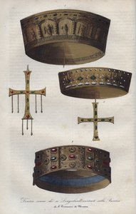 Korony Suweranów Królestwa Lombardzkiego (568-774), zachowane w bazylice św. Jana z Monzy - Różne korony królów lombardzkich zachowane w bazylice San Giovanni di Monza - rycina z „Usi e Costumi di Tutti i i Popoli dell autorstwa Anonymous Anonymous