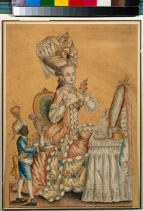 Dama w toalecie z czarnym chłopcem - praca anonimowa, akwarela na papierze ok. 1770 (29,2 x 21,2 cm) - Państwowa Galeria Tretiakowska, Moskwa autorstwa Anonymous Anonymous
