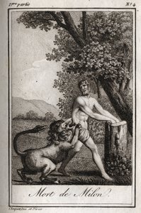 Śmierć Milona de Crotone (Milo z Croton) pochłonął wilk. Rycina z 1819 r. w „Lettres a Emilie sur la mitologie” Charlesa Alberta Demoustiera (1760-1801). Prywatna kolekcja. autorstwa Anonymous Anonymous
