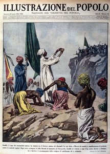 Demonstracja prowadzona przez przywódcę politycznego Mohandasa Karamchanda Gandhiego (1869-1948) przeciwko władzom angielskim, przedstawiająca ceremonię podczas tzw. marszu męczenników w kierunku Jalaipur. Ilustracja zaczerpnięta z „”L