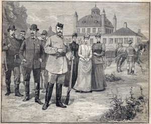 Wyjechał na polowanie na cara Rosji Mikołaja II (1868-1918) do Fredensborg w Danii. Grawerowanie w „Le Petit Parisien”” 1893. autorstwa Anonymous Anonymous