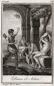 Diane i Acteon (Diana i Acteon) Diane zaskoczona w kąpieli przez myśliwego Acteona. Rycina z 1819 r. w „Lettres a Emilie sur la mitologie” Charlesa Alberta Demoustiera (1760-1801). Prywatna kolekcja. autorstwa Anonymous Anonymous