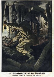 Katastrofa kopalni Clarence (Nord pas de calais): akcje ratunkowe mają na celu odzyskanie ciał ofiar wybuchu dymu. Ilustracja zaczerpnięta z „”Le Petite Journal”” 22.09.1912 Kolekcja prywatna. autorstwa Anonymous Anonymous