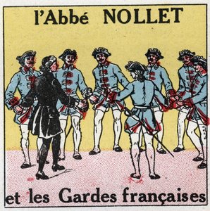 Kondensatory elektryczne: wstrząs spowodowany przez kondensatory. Doświadczenie butelki Lejdy autorstwa Abbe Jean Antoine Nollet (Jean-Antoine) (1700-1770), francuskiego fizyka w Wersalu, gdzie 180 strażników zostało jednocześnie uderzonych w 1746 roku. An autorstwa Anonymous Anonymous