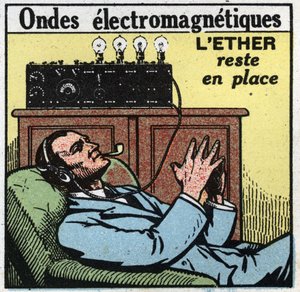 Zjawiska elektryczne: jeśli eter pozostaje na swoim miejscu, ruch wibracyjny daje fale elektromagnetyczne używane w T.S.F. Anonimowa ilustracja z 1925 r. Ze zbiorów prywatnych. autorstwa Anonymous Anonymous