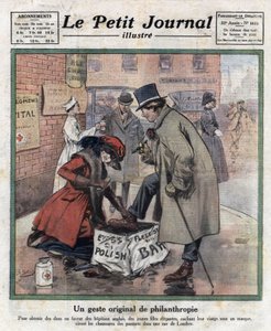 Eleganckie młode dziewczyny, których twarz skrywa się za maską, woskują buty przechodniów Londynu, aby zebrać pieniądze na angielskie szpitale. Ilustracja zaczerpnięta z „Le petit journal illustrious”” z 6.11.1921. Prywatna kolekcja autorstwa Anonymous Anonymous