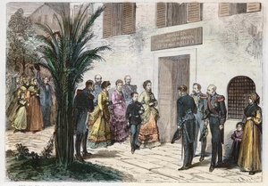 Cesarzowa Eugenia i książę cesarski Ludwik Napoleon odwiedzający dom, w którym urodził się Napoleon I, w Ajaccio, Korsyka, Francja 1869 - podróż księcia cesarskiego i cesarskiego - wizyta w domu Napoleona I do Ajaccio - 1869 autorstwa Anonymous Anonymous
