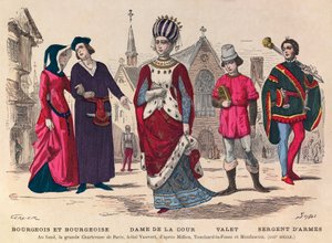 Grawer - Bourgeois et bourgeoise, dama dworu, lokaj, sierżant sztabowy w Paryżu w XIII wieku (w tle la grande Chatreuse de Paris, hotel Vauvert) - Stroje dworskie we Francji w XIII wieku - kolekcja prywatna autorstwa Anonymous Anonymous