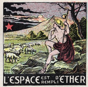 Eter (materiał): przestrzeń jest wypełniona eterem. Pasterz ze starożytności kontemplujący niebo. Anonimowa ilustracja z 1925 r. Ze zbiorów prywatnych. autorstwa Anonymous Anonymous