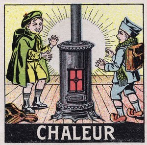 Eter (materiał): dwoje dzieci ogrzewanych ciepłem pieca. Anonimowa ilustracja z 1925 r. Ze zbiorów prywatnych. autorstwa Anonymous Anonymous