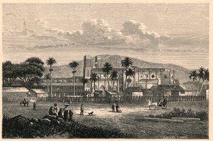 Zewnętrzny widok katedry Port of Spain (Port of Spain) w Trynidadzie (Trynidad i Tobago, Trynidad i Tobago). Grawer w „Les Missions Catholiques au XIXeme Siecle” Louis-Eugene (Louis Eugene) Louvet. prywatna kolekcja. autorstwa Anonymous Anonymous