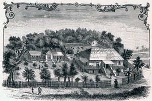 Widok z zewnątrz na plebanię i szkołę Hell Ville (Hell-Ville) (Andoany), stolicy wyspy Nosy Be na Madagaskarze. Grawer w „Les Missions Catholiques au XIXeme Siecle” Louis-Eugene (Louis Eugene) Louvet. prywatna kolekcja. autorstwa Anonymous Anonymous