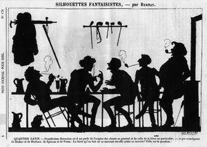 Fantastyczne sylwetki firmy Bernay. Karykatura o paryskich intelektualistach: „” Dzielnica Łacińska. Świetna dyskusja, w której mówi się o pochodzeniu rzeczy w ogóle, a piwa w szczególności…” Grawerowanie w „” Petity Journal pour Rire”” autorstwa Anonymous Anonymous
