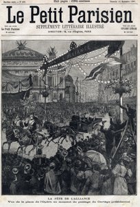 Święto sojuszu francusko-rosyjskiego (francusko-rosyjskiego): widok na Plac Operowy podczas przejścia orszaku prezydenckiego Feliksa Faure (1841-1899). W „Le Petit Parisien”” w dniu 12.09.1897. Prywatna kolekcja autorstwa Anonymous Anonymous