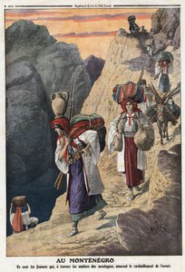 Pierwsza wojna bałkańska (bałkańska): Czarnogórskie kobiety przemierzają góry pieszo, aby zapewnić dostawy broni. Ilustracja zaczerpnięta z „”Le Petite Journal”” 17.11.1912 Kolekcja prywatna. autorstwa Anonymous Anonymous