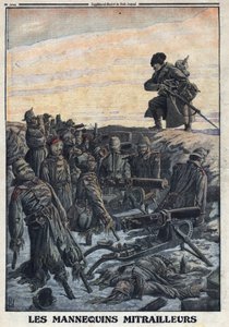 Pierwsza wojna światowa 1914-1918 (wojna 14-18). Niemieccy żołnierze używają manekinów, które mają w okopach z karabinami maszynowymi, aby oszukać rosyjskiego wroga w pułapkę. W „” Le Petite Journal””, z dnia 06.02.1916. Prywatna kolekcja autorstwa Anonymous Anonymous